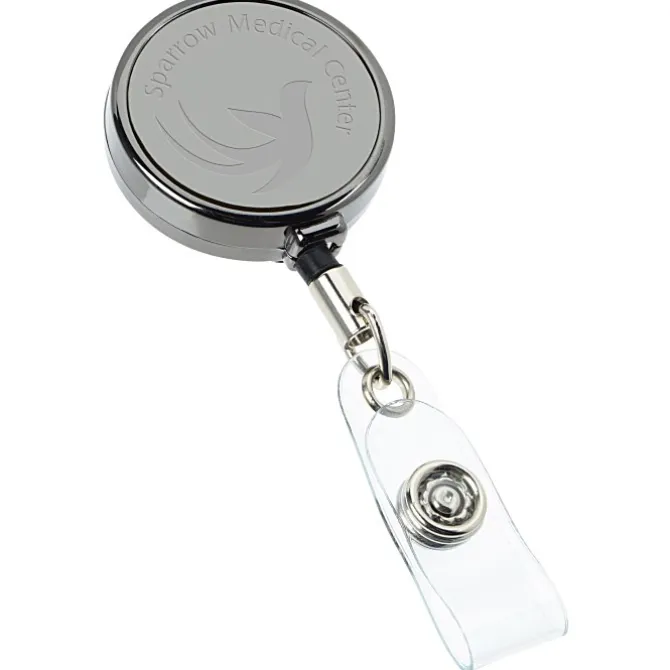Metal Retractable Badge Holder - Slip Clip - Round - Gunmetal - Laser Engraved
