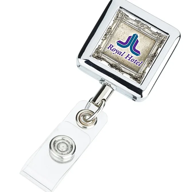 Metal Retractable Badge Holder - Alligator Clip - Square - Label